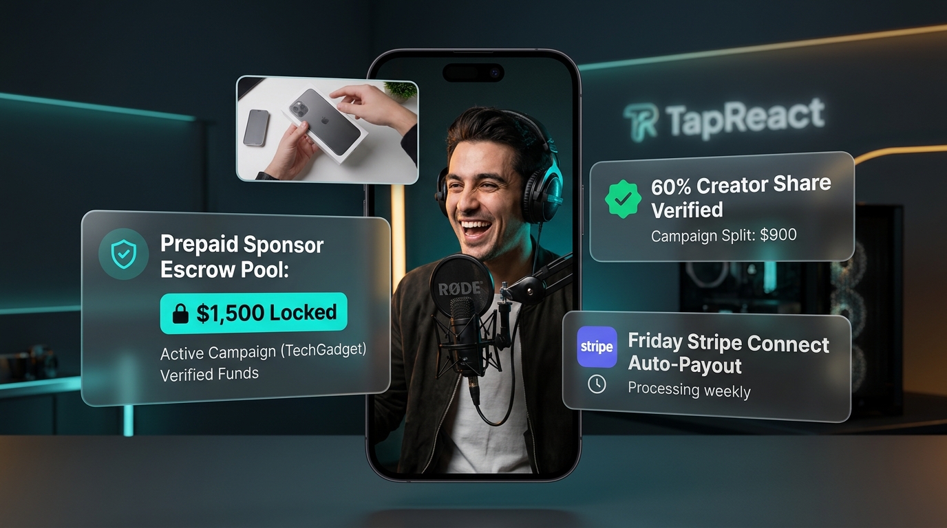 TapReact Dual-Cam Creator Reaction Studio and Prepaid Sponsor Escrow Pool Showcase